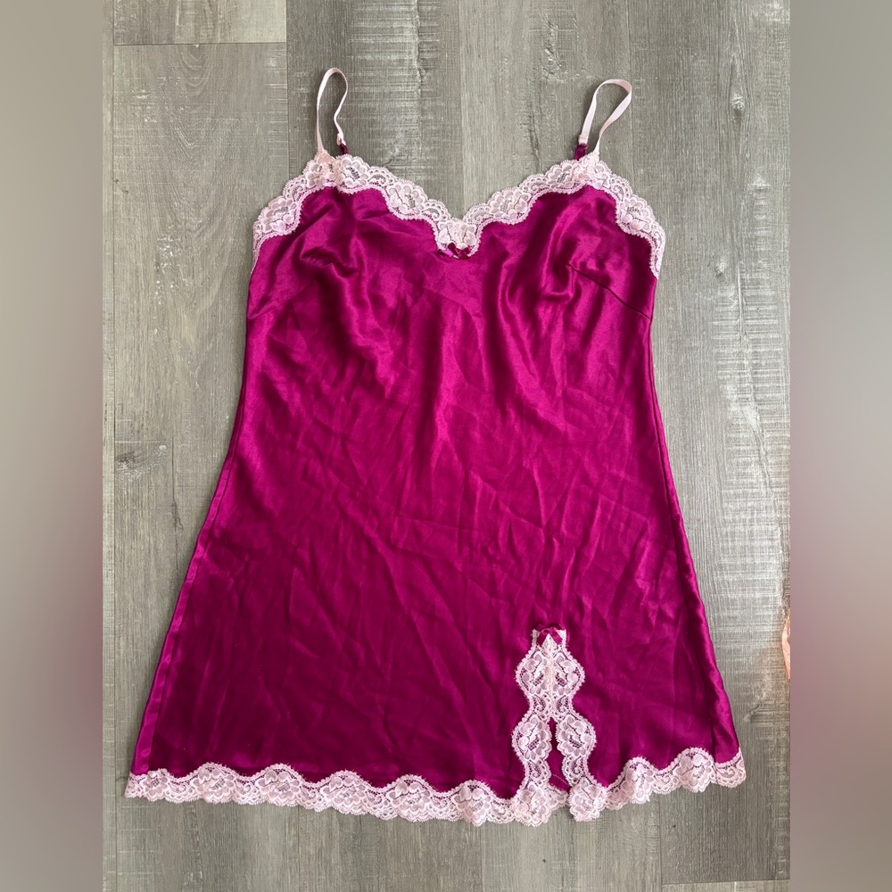 Victoria's Secret Fuchsia Pink Lace Trim Satin Chemise